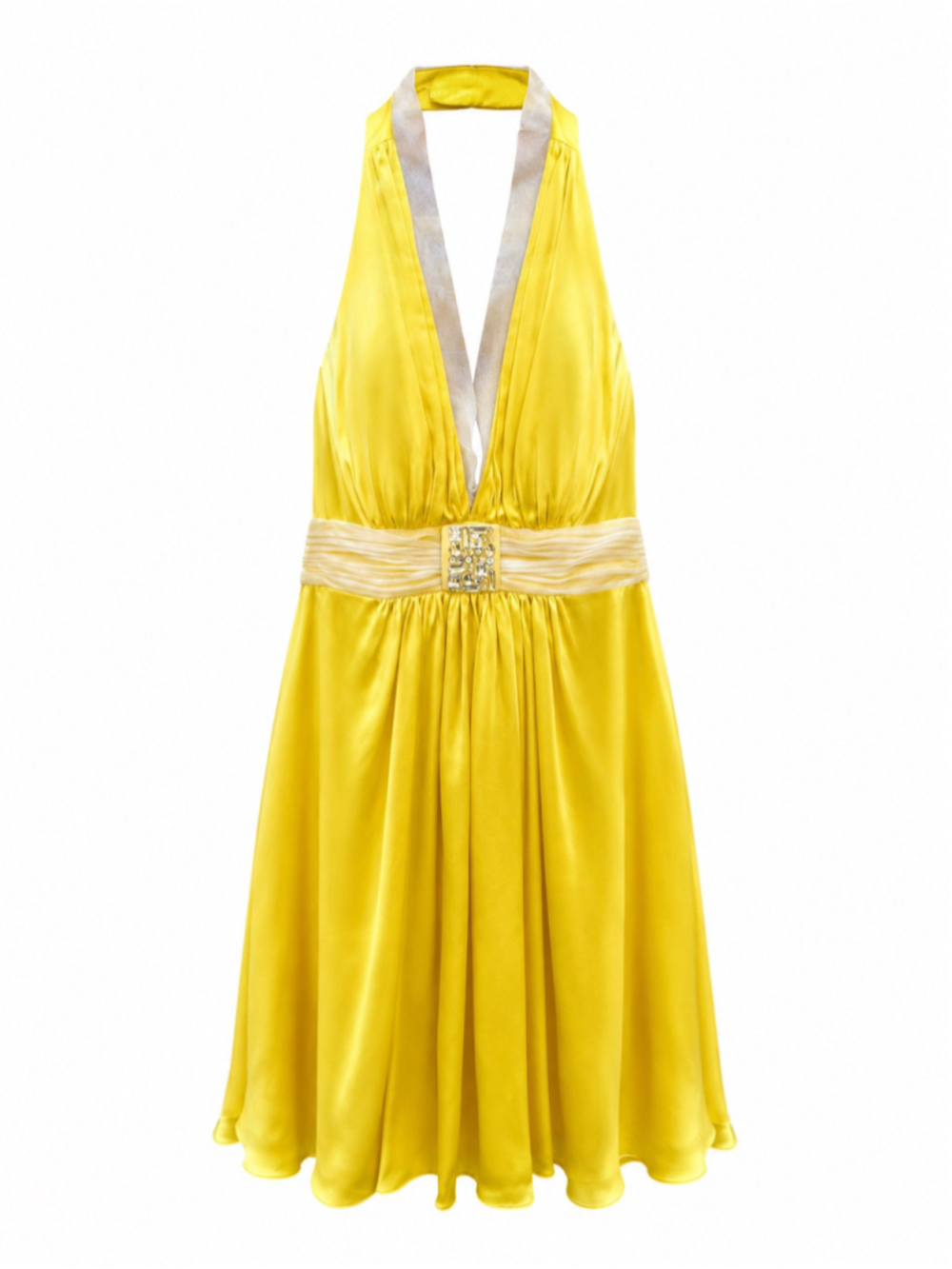Marc Bouwer GlamIt 100% Silk Yellow Halter Dress Sz 6 Y2K McBling Rhinestone
